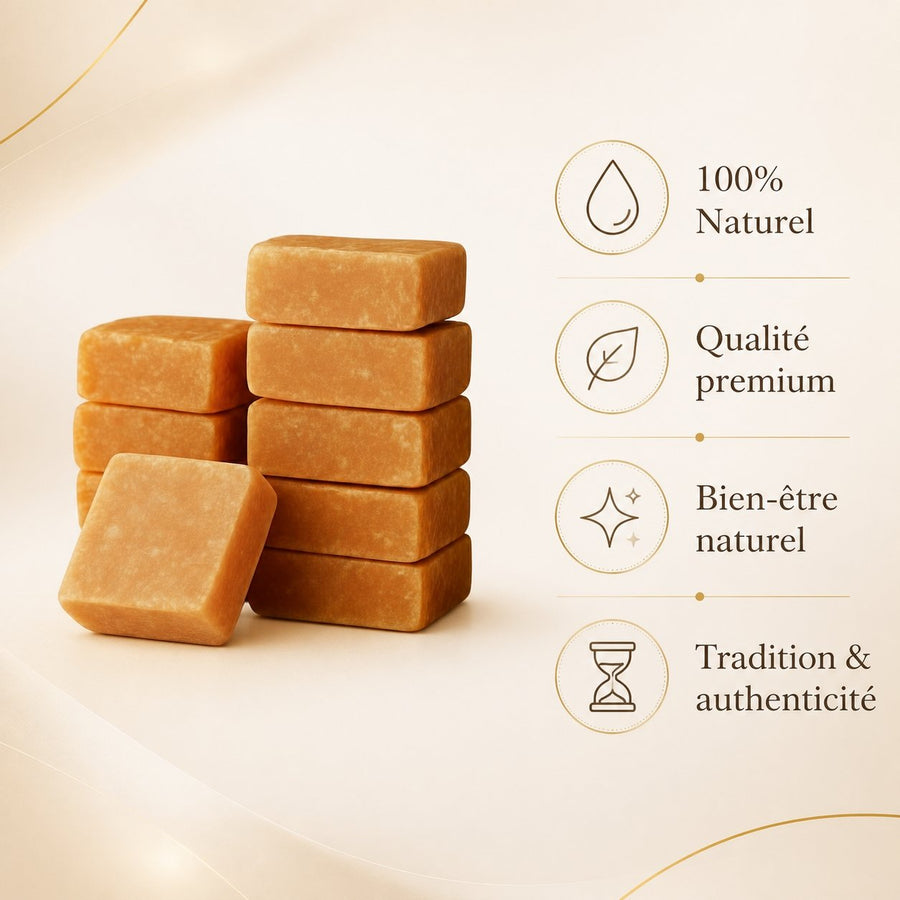 Lot de 10 carrés de musc orange – parfum solide – infographie des bienfaits et des ingrédients clés