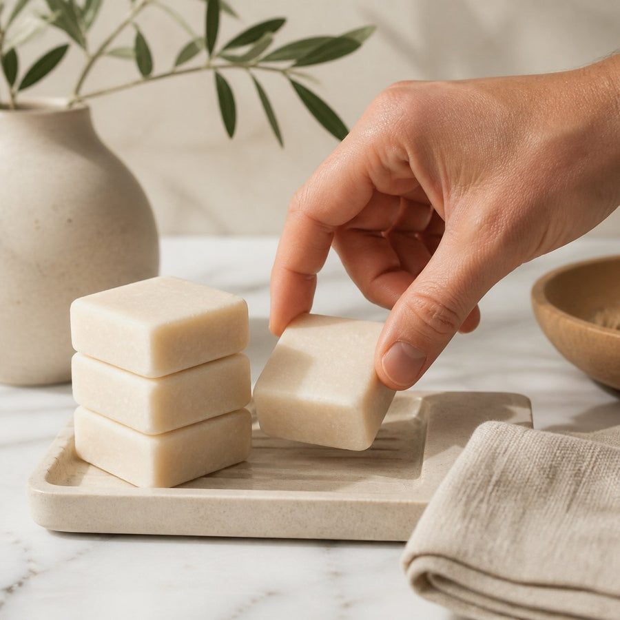 Lot de 10 carrés de musc blanc – parfum solide – application en situation réelle, geste de soin quotidien