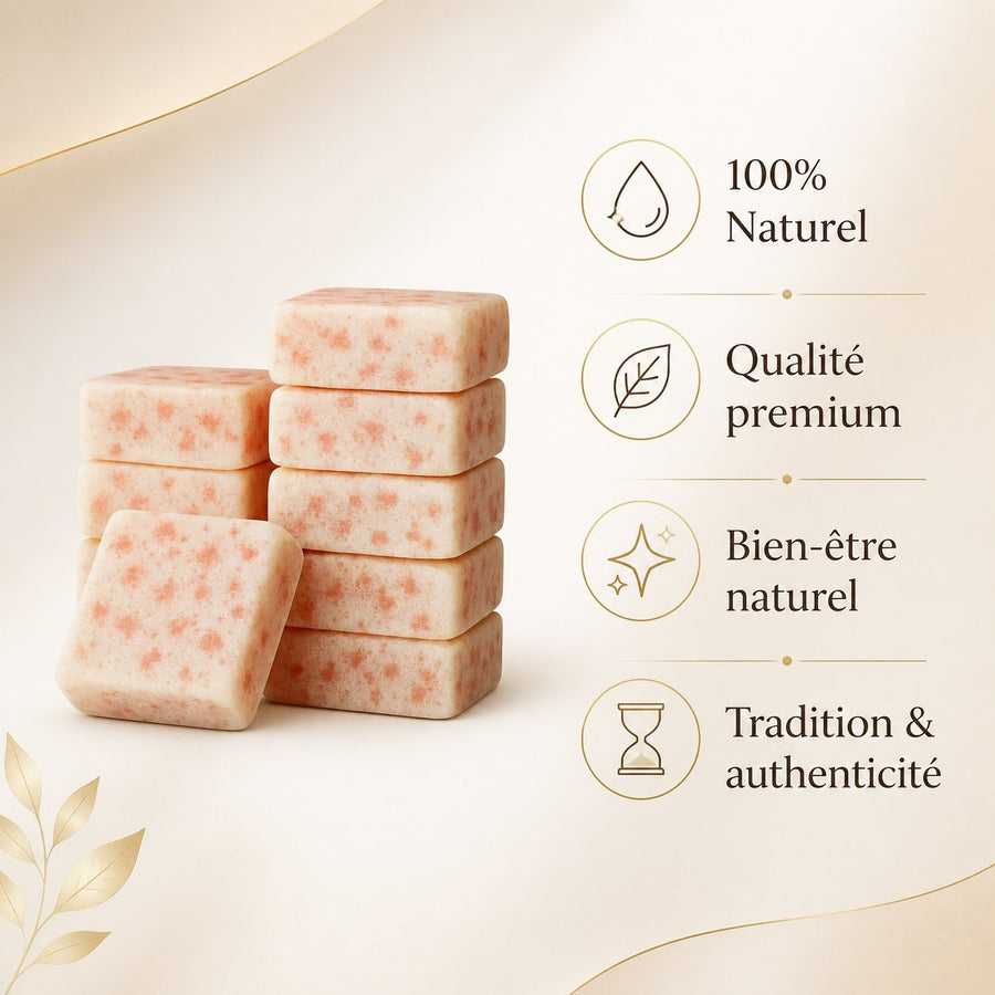 Lot de 10 carrés de musc cannelle – parfum solide – infographie des bienfaits et des ingrédients clés