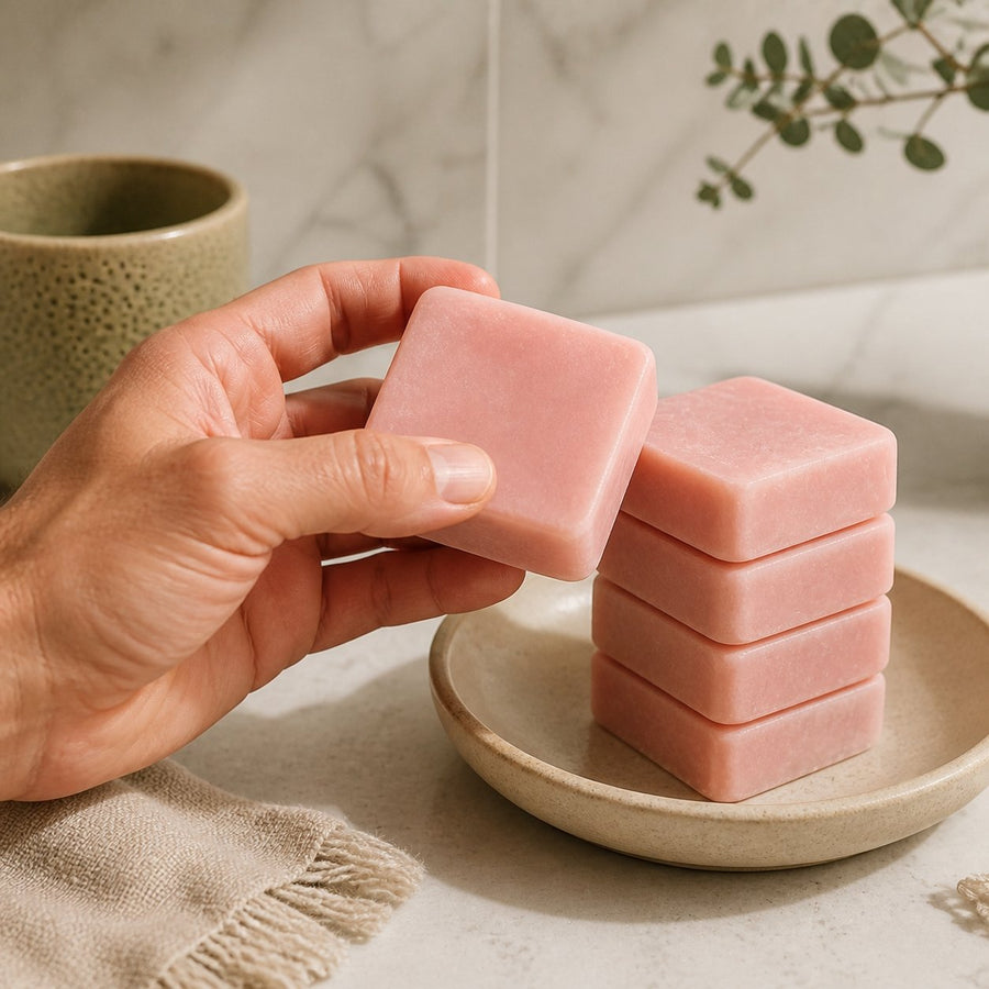 Lot de 10 carrés de musc rose – parfum solide – application en situation réelle, geste de soin quotidien