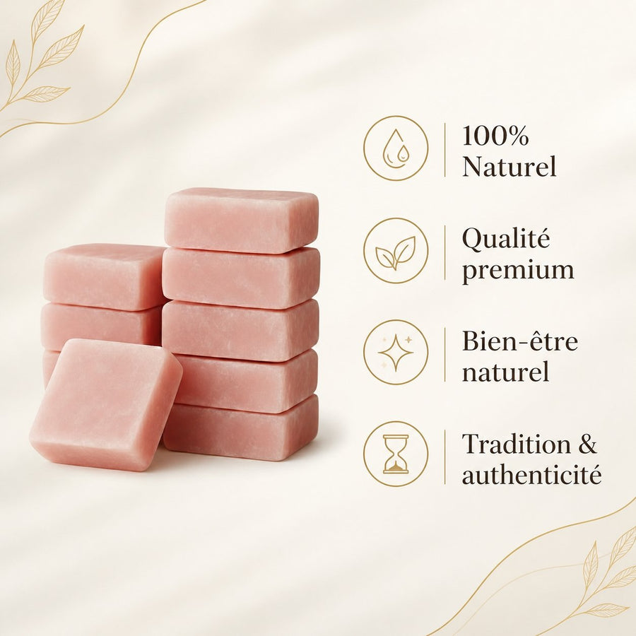 Lot de 10 carrés de musc rose – parfum solide – infographie des bienfaits et des ingrédients clés