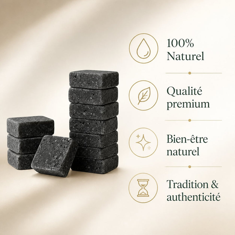 Lot de 10 carrés de musc noir – parfum solide – infographie des bienfaits et des ingrédients clés