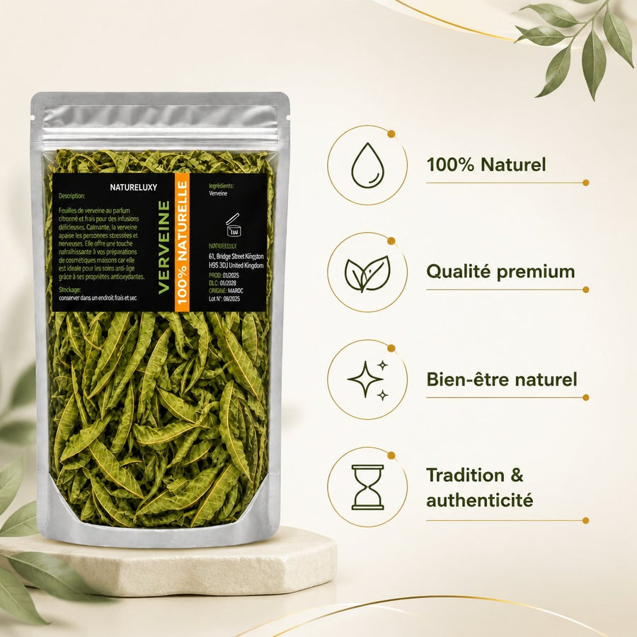 Feuilles de Verveine séchées 3X50g naturelles – infographie des bienfaits et des ingrédients clés