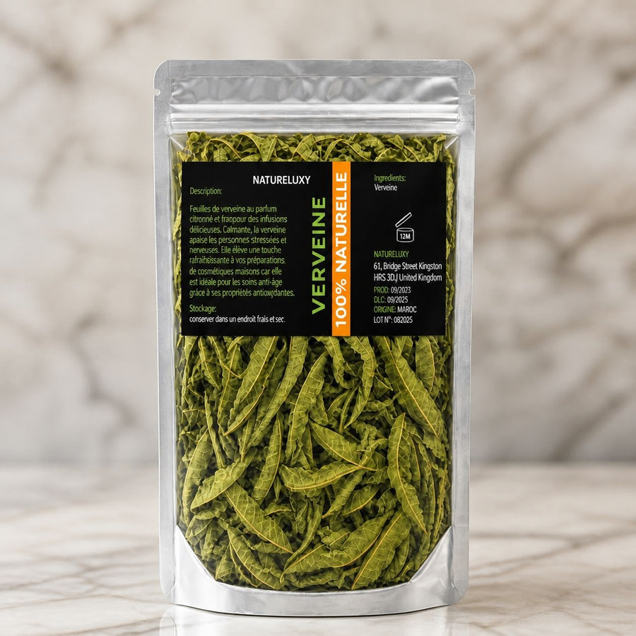 Feuilles de Verveine séchées 3X50g naturelles – gros plan sur les détails et la finition du packaging