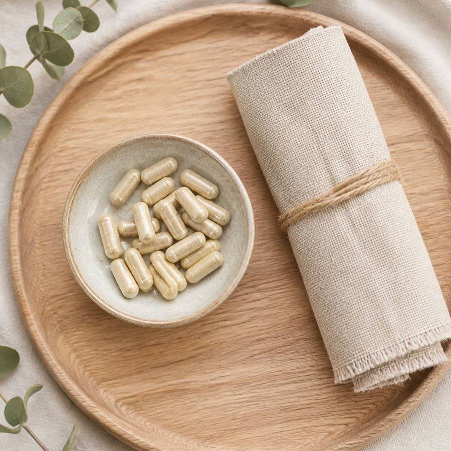 120 gélules de Fenouil – rituel d'utilisation vu du dessus, ambiance naturelle zen