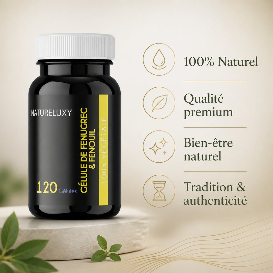 120 Gélules Fenugrec & Fenouil Natureluxy - 300mg par gélule – infographie des bienfaits et des ingrédients clés