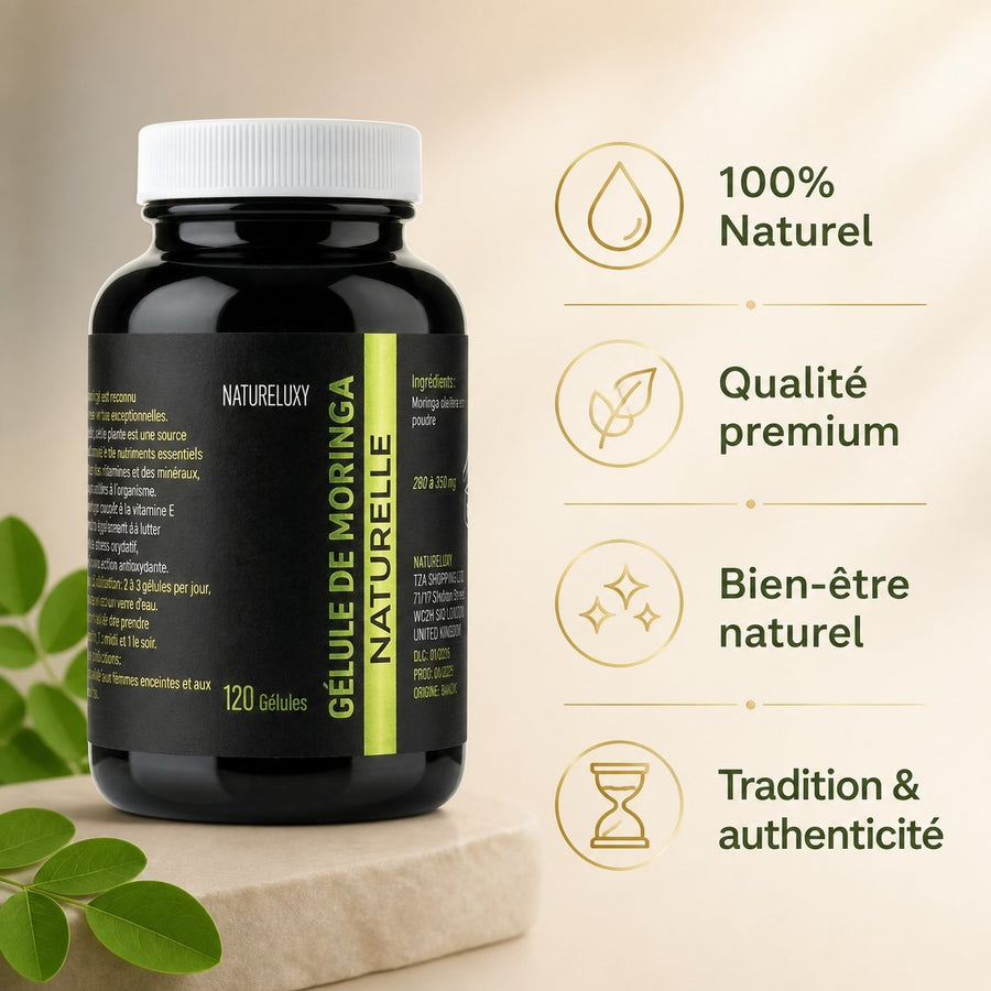 120 gélules de Moringa 100% végétales - 300mg – infographie des bienfaits et des ingrédients clés