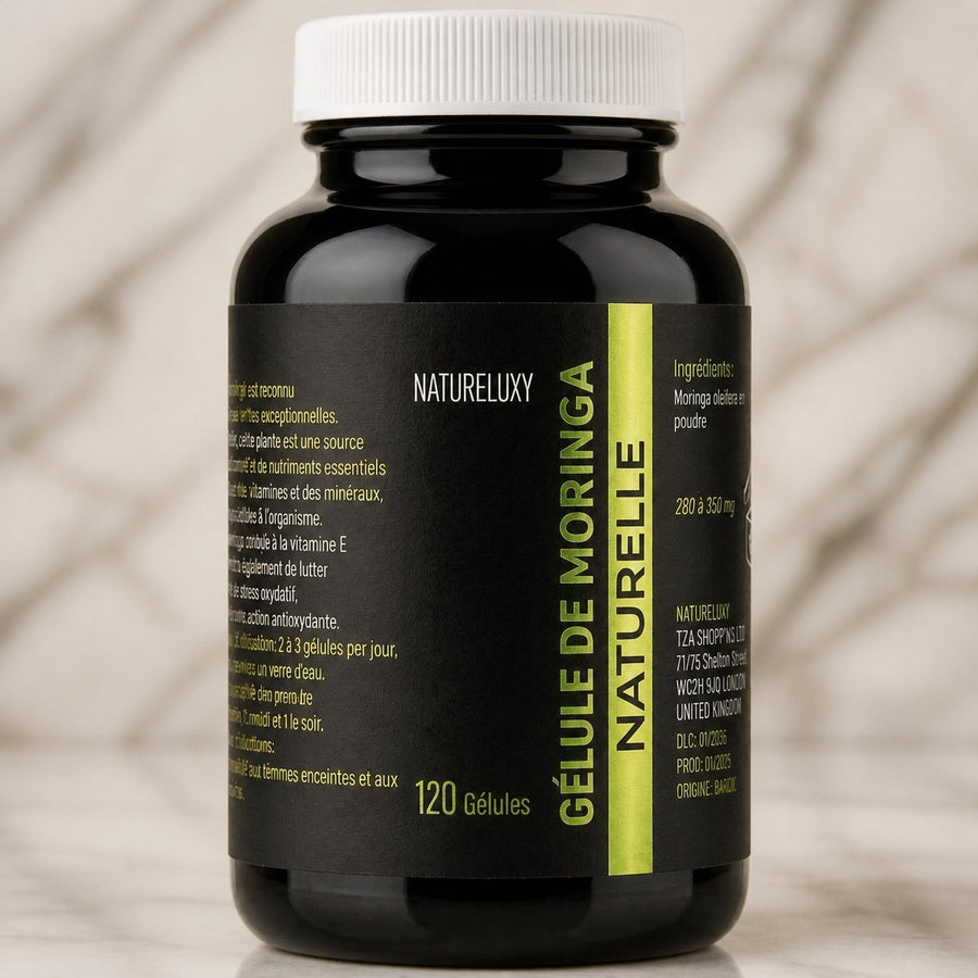 120 gélules de Moringa 100% végétales - 300mg – gros plan sur les détails et la finition du packaging