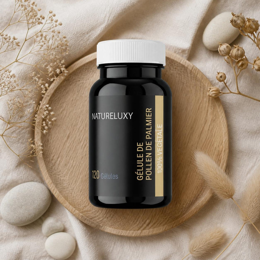 Pollen de Palmier 120 Gélules - Natureluxy – composition flat lay avec éléments naturels, vue du dessus
