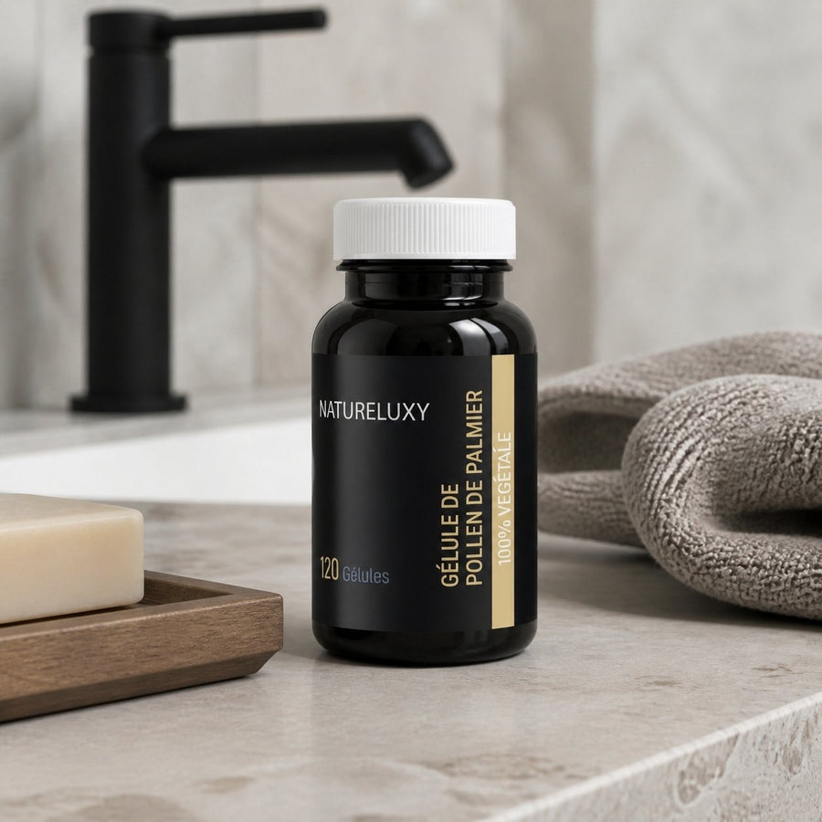 Pollen de Palmier 120 Gélules - Natureluxy – présentation du produit dans une salle de bain lumineuse et naturelle