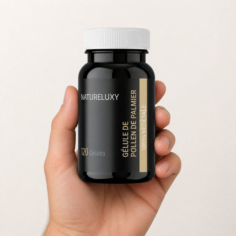 Pollen de Palmier 120 Gélules - Natureluxy – taille et contenance réelles du produit en main