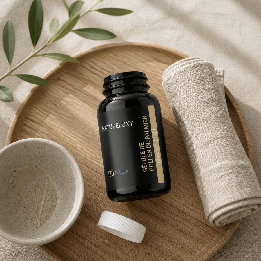 Pollen de Palmier 120 Gélules - Natureluxy – rituel d'utilisation vu du dessus, ambiance naturelle zen