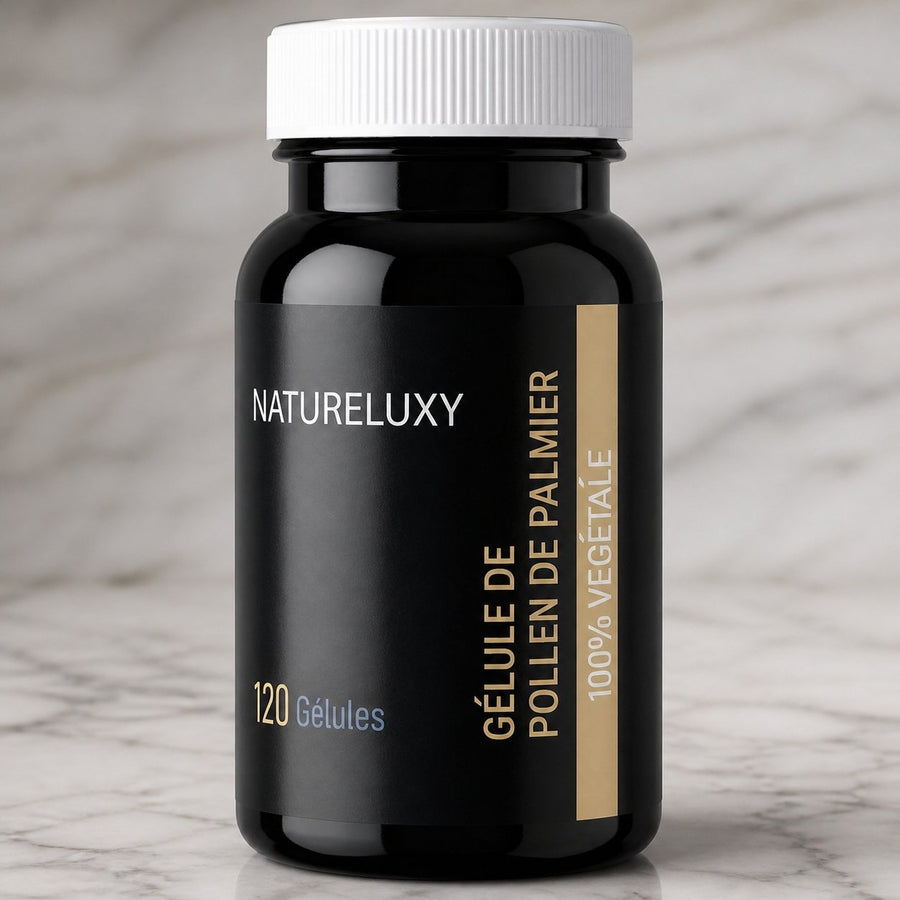 Pollen de Palmier 120 Gélules - Natureluxy – gros plan sur les détails et la finition du packaging