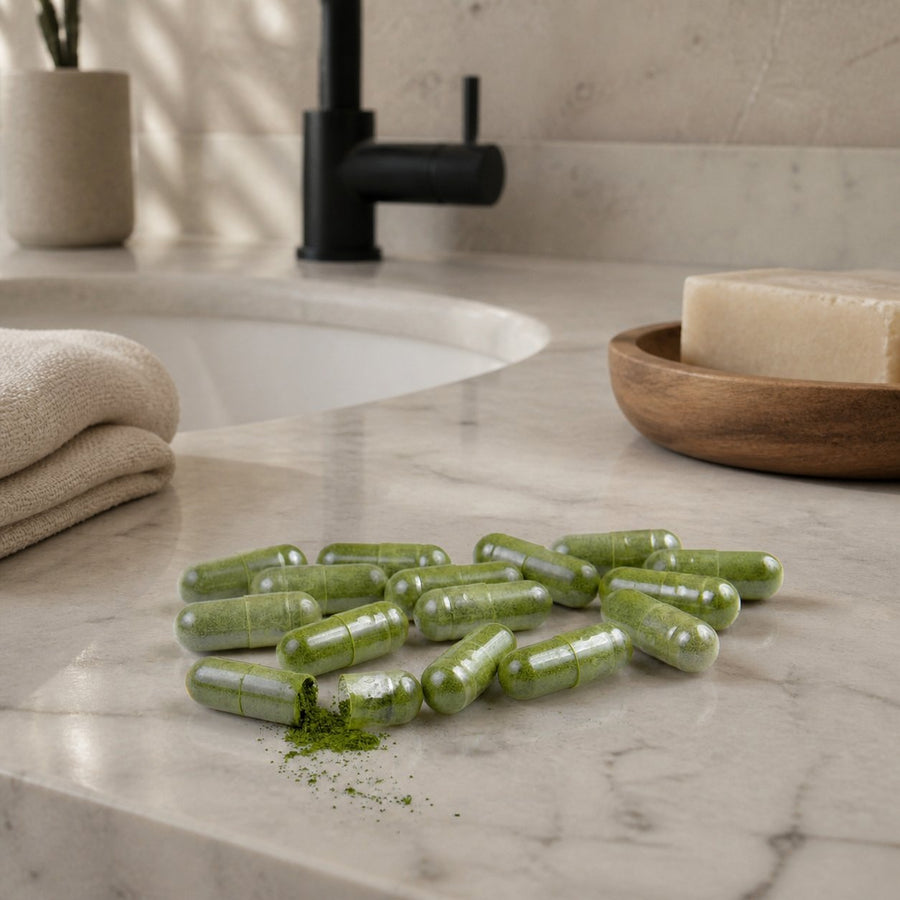 2X120 gélules de Sidr – présentation du produit dans une salle de bain lumineuse et naturelle