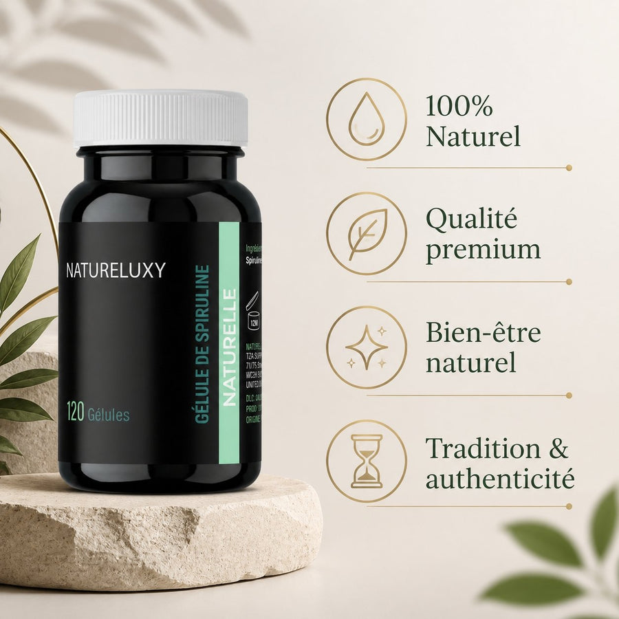 Spiruline 120 Gélules Végétales 300 mg – infographie des bienfaits et des ingrédients clés