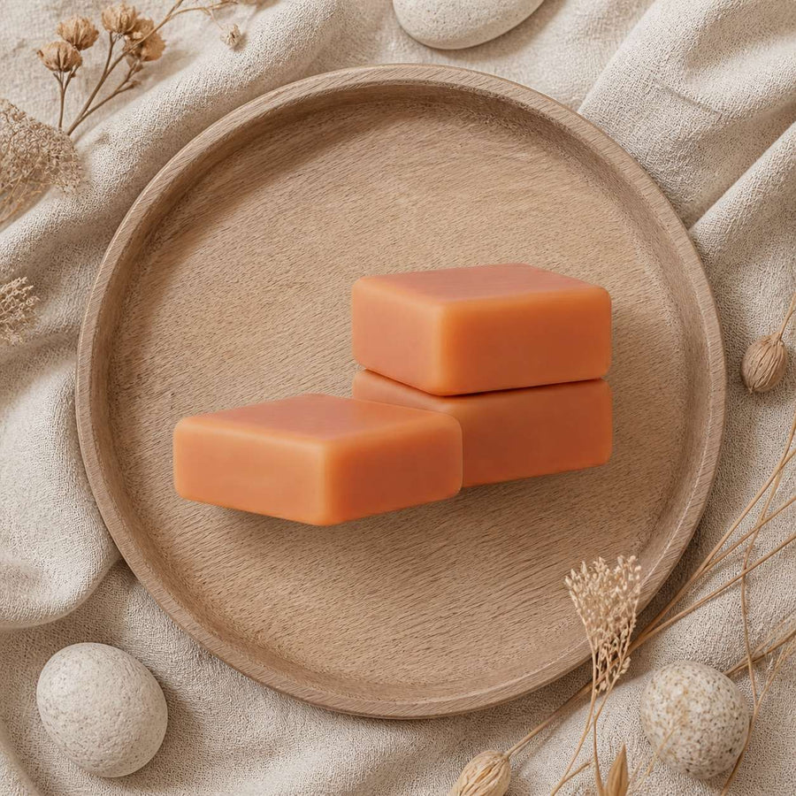 Lot de 2 carrés de musc orange – parfum solide – composition flat lay avec éléments naturels, vue du dessus