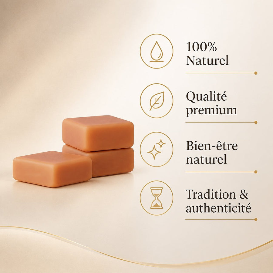 Lot de 2 carrés de musc orange – parfum solide – infographie des bienfaits et des ingrédients clés