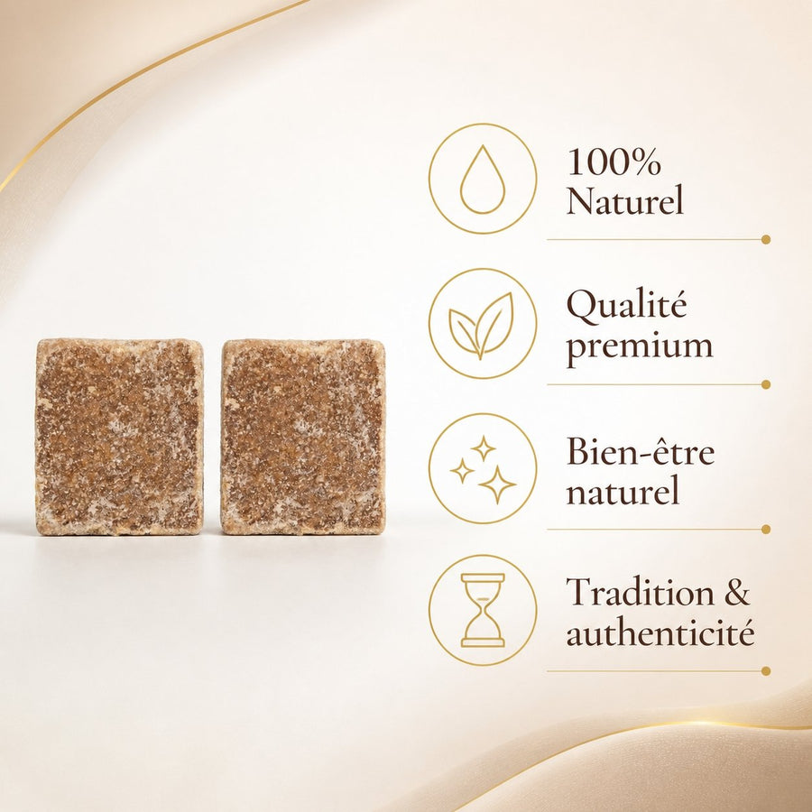 Lot de 2 carrés de musc ambré – parfum solide – infographie des bienfaits et des ingrédients clés