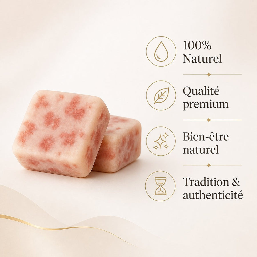 Lot de 2 carrés de musc cannelle – parfum solide – infographie des bienfaits et des ingrédients clés