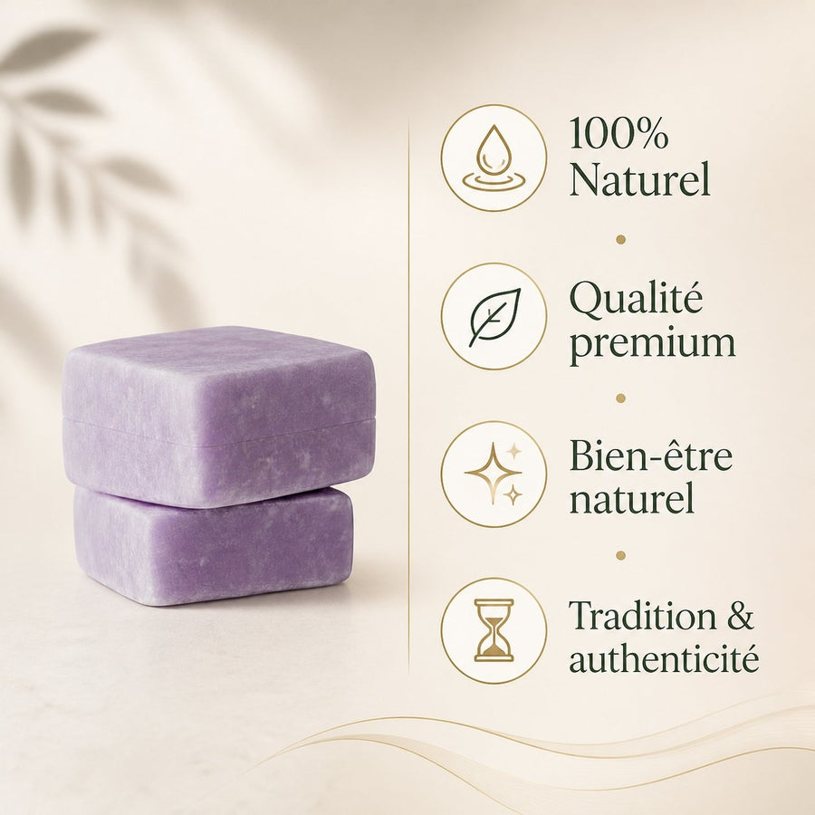 Lot de 2 carrés de musc lavande – parfum solide – infographie des bienfaits et des ingrédients clés
