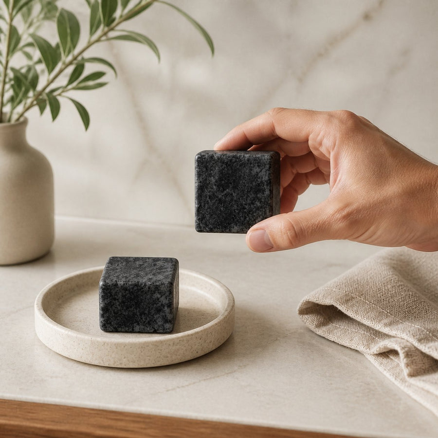 Lot de 2 carrés de musc noir – parfum solide – application en situation réelle, geste de soin quotidien