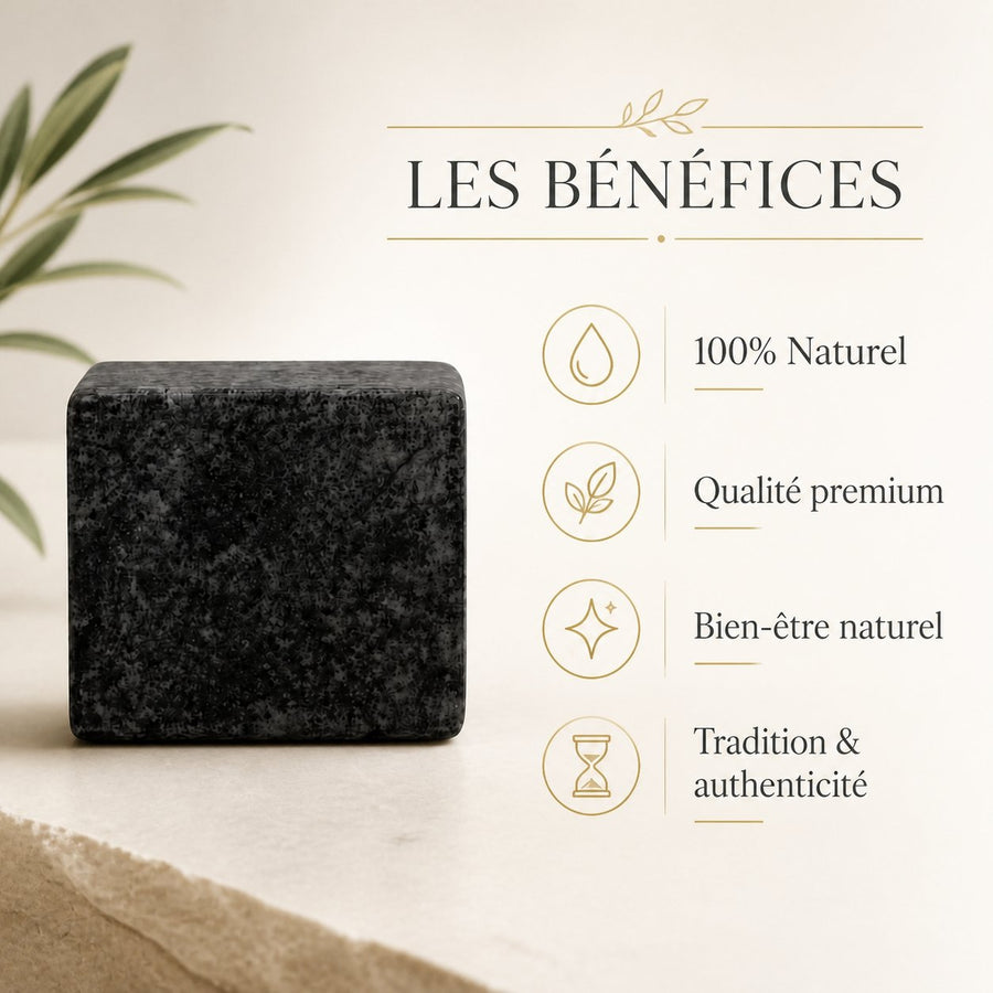 Lot de 2 carrés de musc noir – parfum solide – infographie des bienfaits et des ingrédients clés