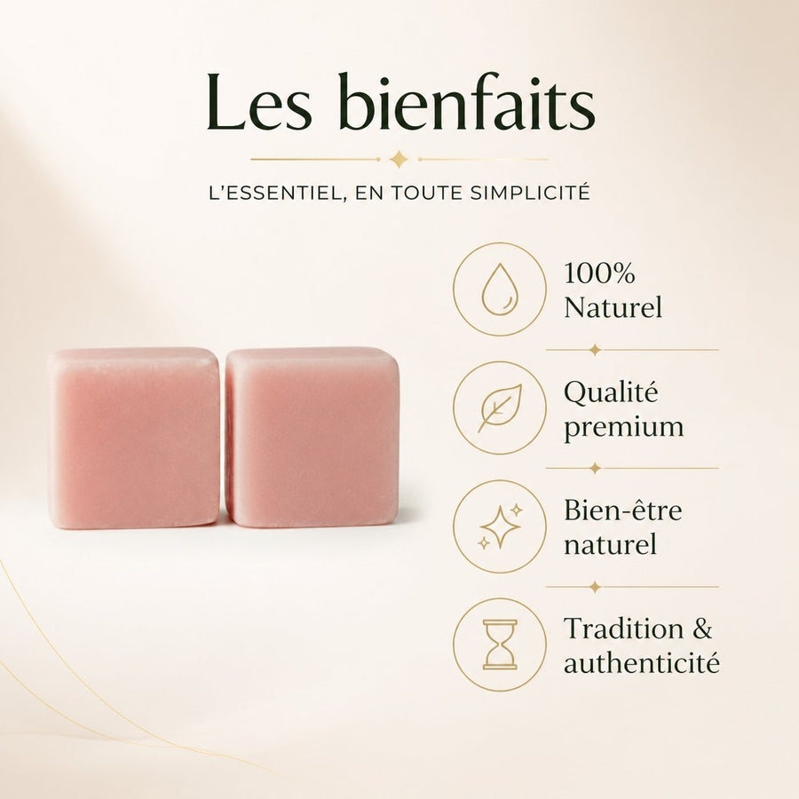 Lot de 2 carrés de musc rose – parfum solide – infographie des bienfaits et des ingrédients clés