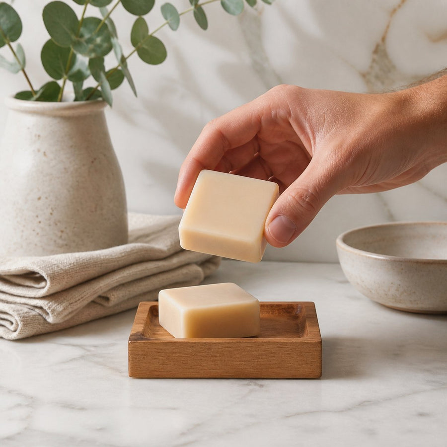 Lot de 2 carrés de musc vanille – parfum solide – application en situation réelle, geste de soin quotidien