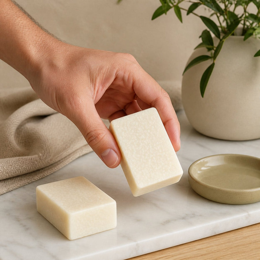 Lot de 2 carrés de musc blanc – parfum solide – application en situation réelle, geste de soin quotidien