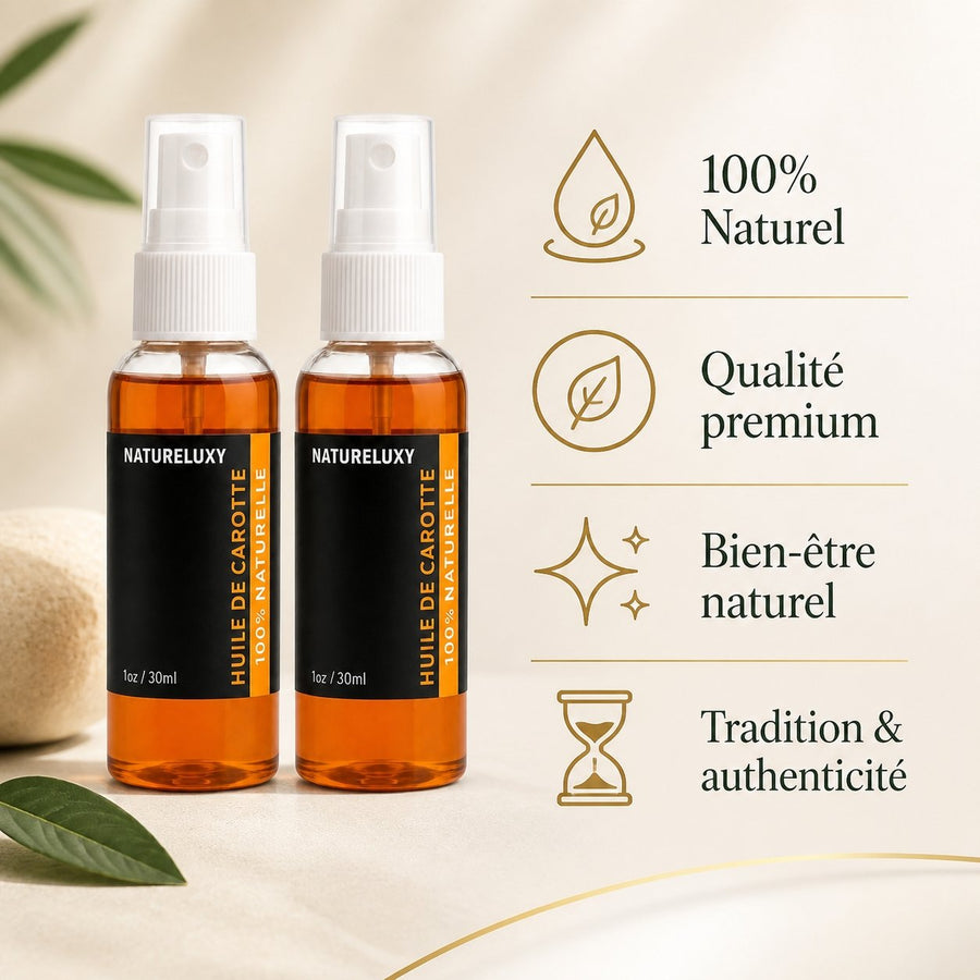 2 Flacons Huile de Carotte 30mL spray 100% naturelle – infographie des bienfaits et des ingrédients clés