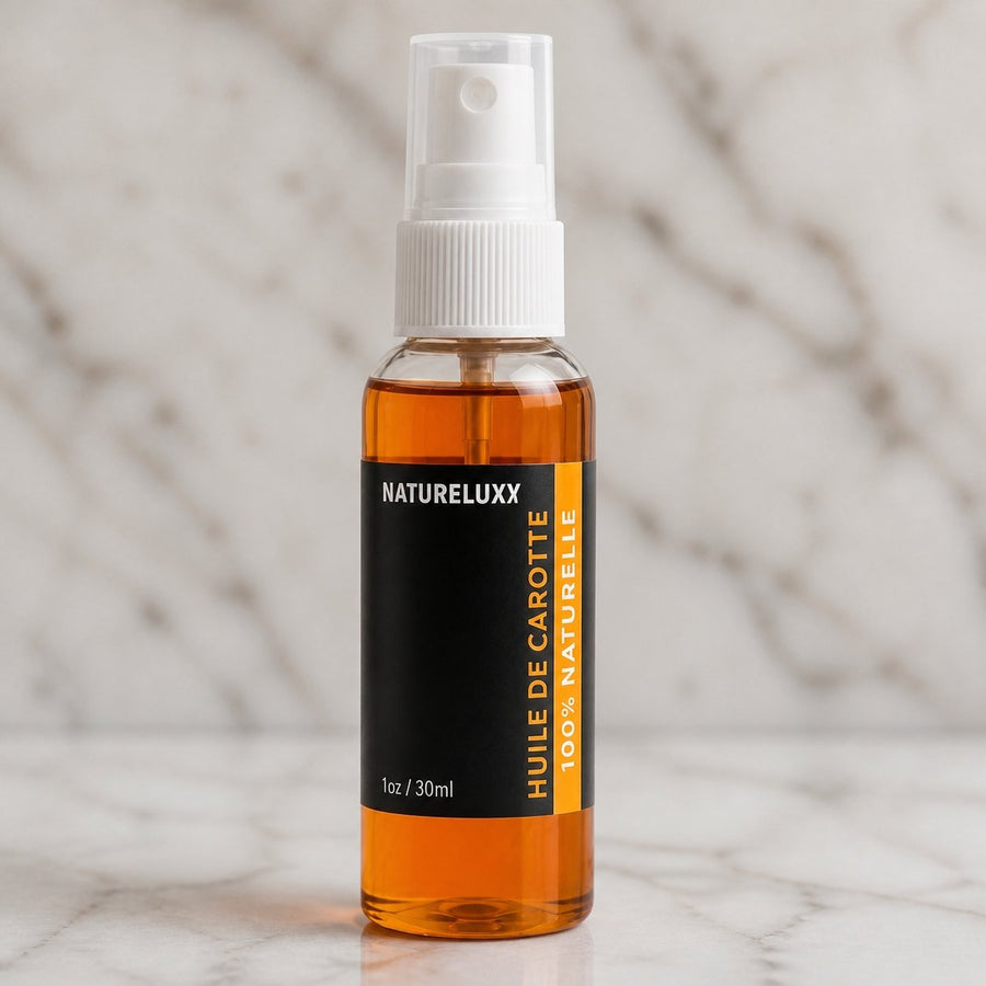 2 Flacons Huile de Carotte 30mL spray 100% naturelle – gros plan sur les détails et la finition du packaging