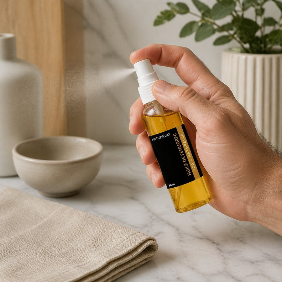 2 Flacons Huile de fenugrec 30mL Spray 100% Naturel – application en situation réelle, geste de soin quotidien