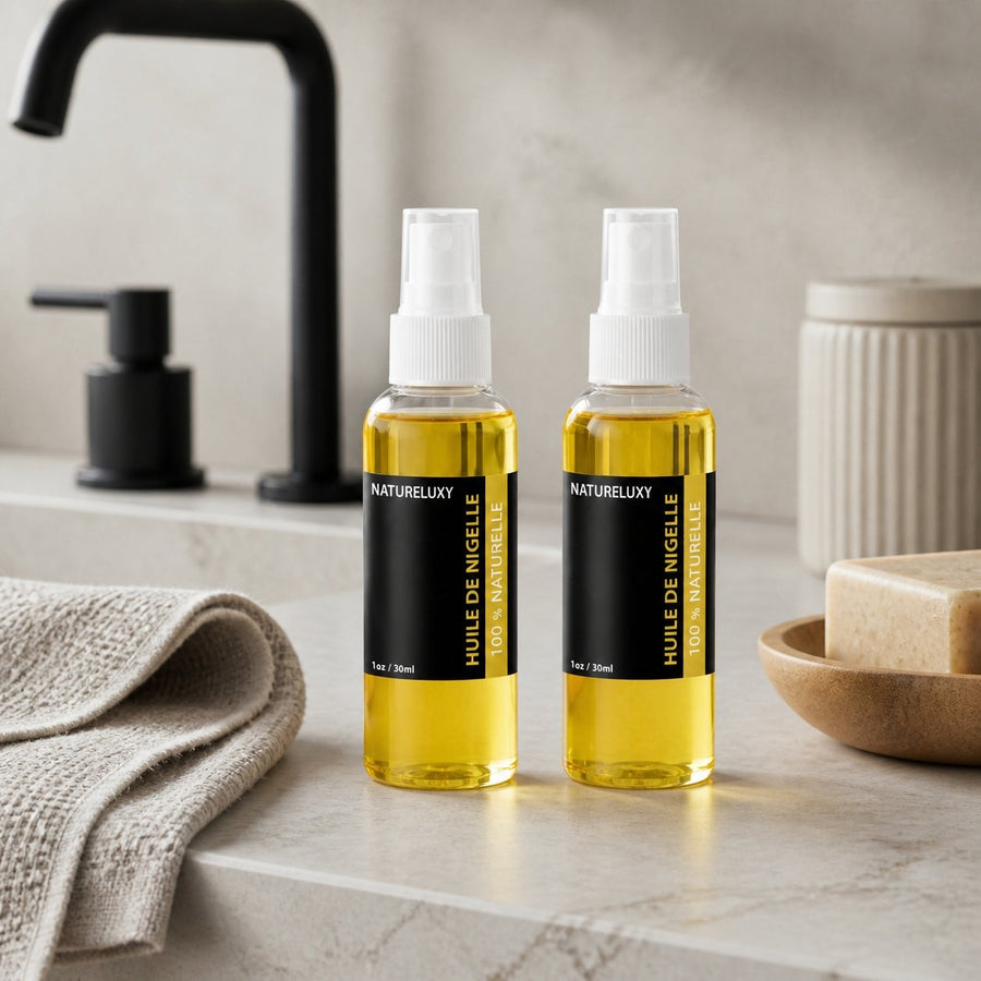 2 Flacons Huile de Nigelle 30mL spray 100% naturelle – présentation du produit dans une salle de bain lumineuse et naturelle