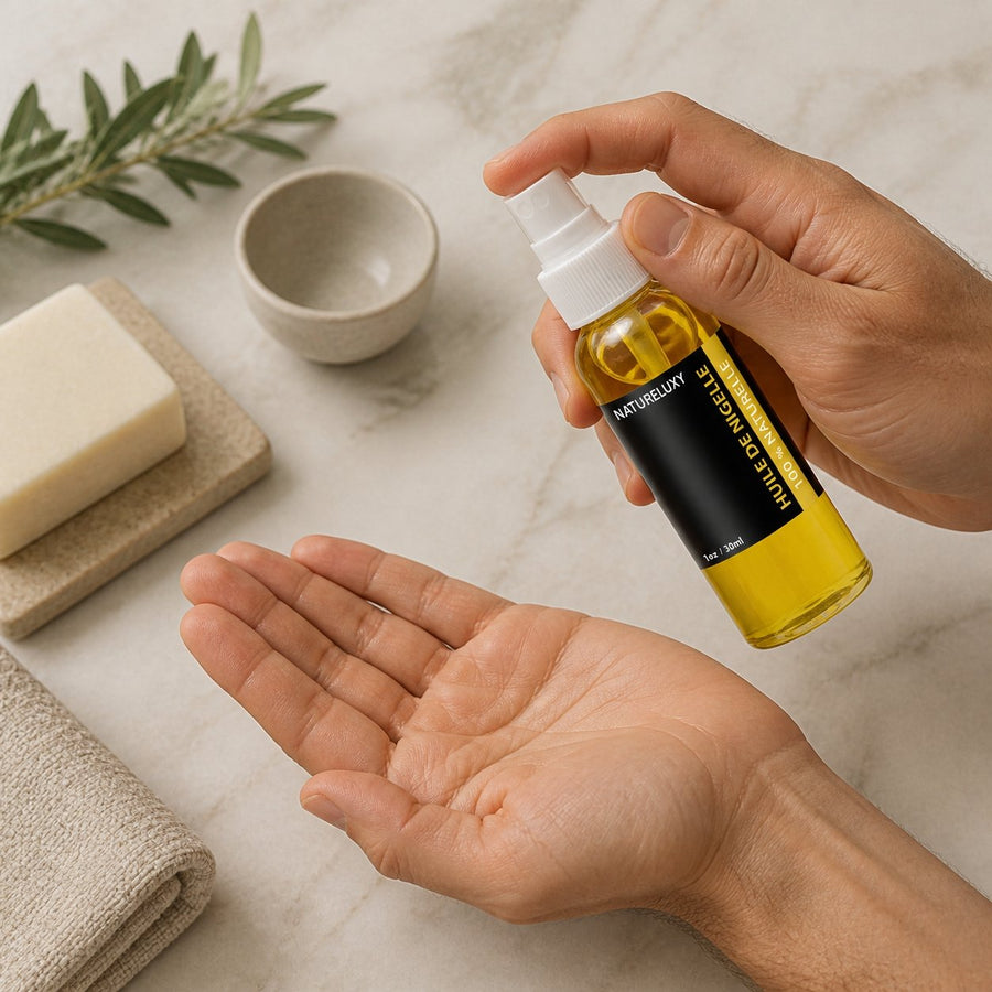2 Flacons Huile de Nigelle 30mL spray 100% naturelle – application en situation réelle, geste de soin quotidien
