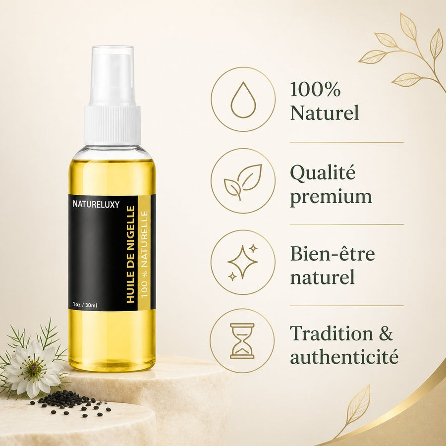 2 Flacons Huile de Nigelle 30mL spray 100% naturelle – infographie des bienfaits et des ingrédients clés