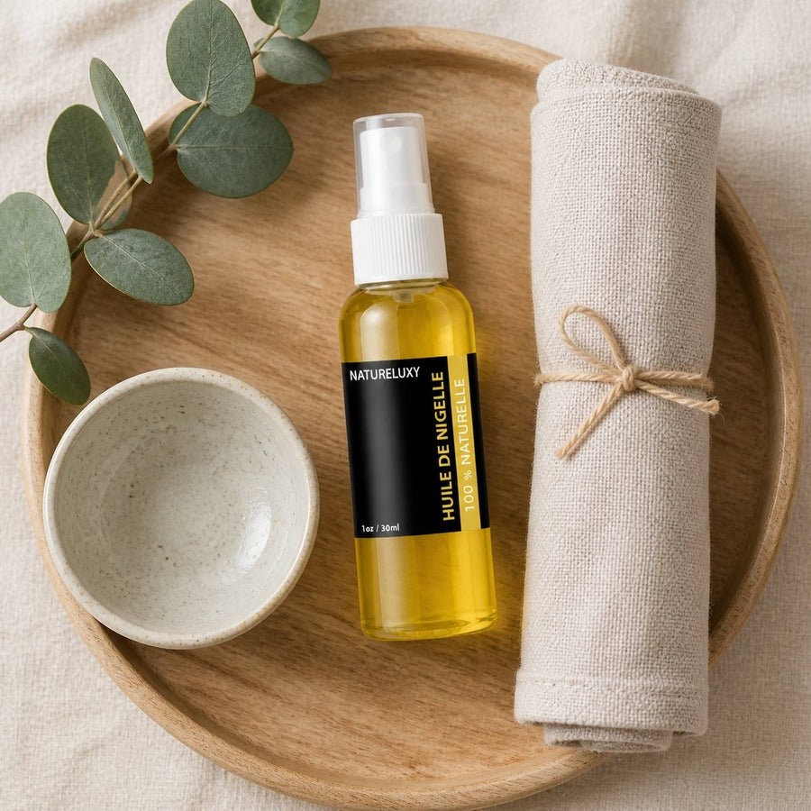 2 Flacons Huile de Nigelle 30mL spray 100% naturelle – rituel d'utilisation vu du dessus, ambiance naturelle zen