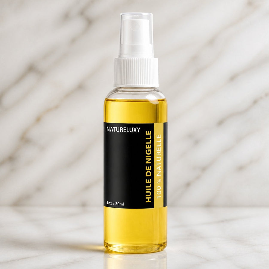 2 Flacons Huile de Nigelle 30mL spray 100% naturelle – gros plan sur les détails et la finition du packaging