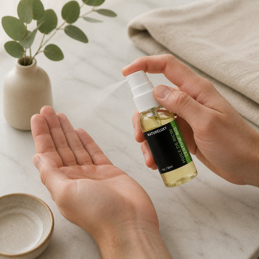 2 Flacons Huile de Ricin 30mL spray 100% naturelle – application en situation réelle, geste de soin quotidien