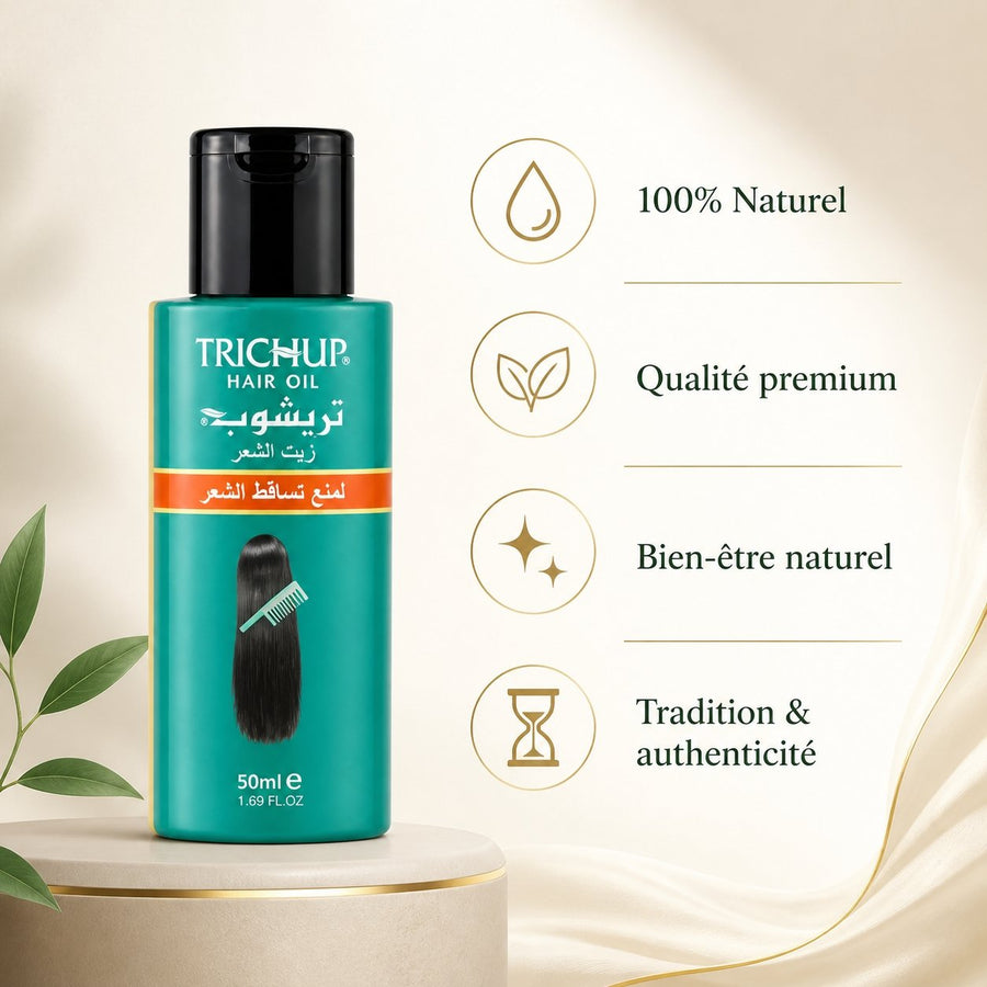 2 Huile Anti-Chute Soin Indien Trichup 50mL – infographie des bienfaits et des ingrédients clés