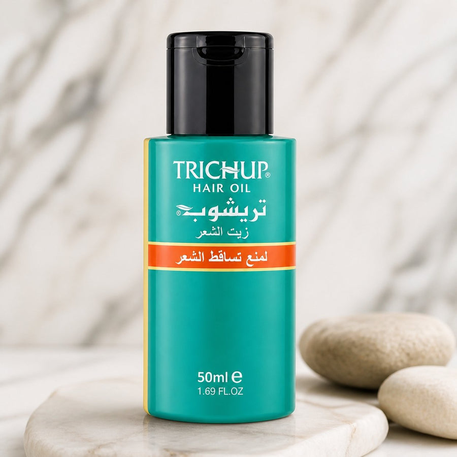 2 Huile Anti-Chute Soin Indien Trichup 50mL – gros plan sur les détails et la finition du packaging