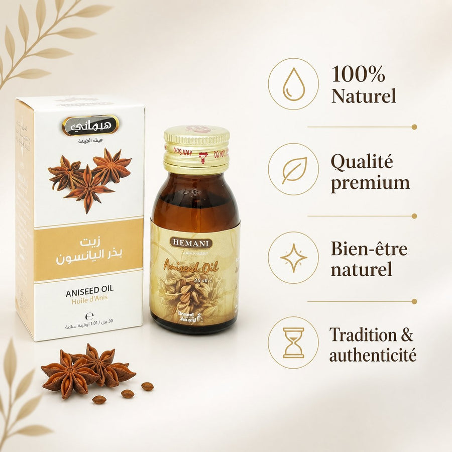 2 Huile d'Anis 30mL 100% Naturelle Hemani – infographie des bienfaits et des ingrédients clés