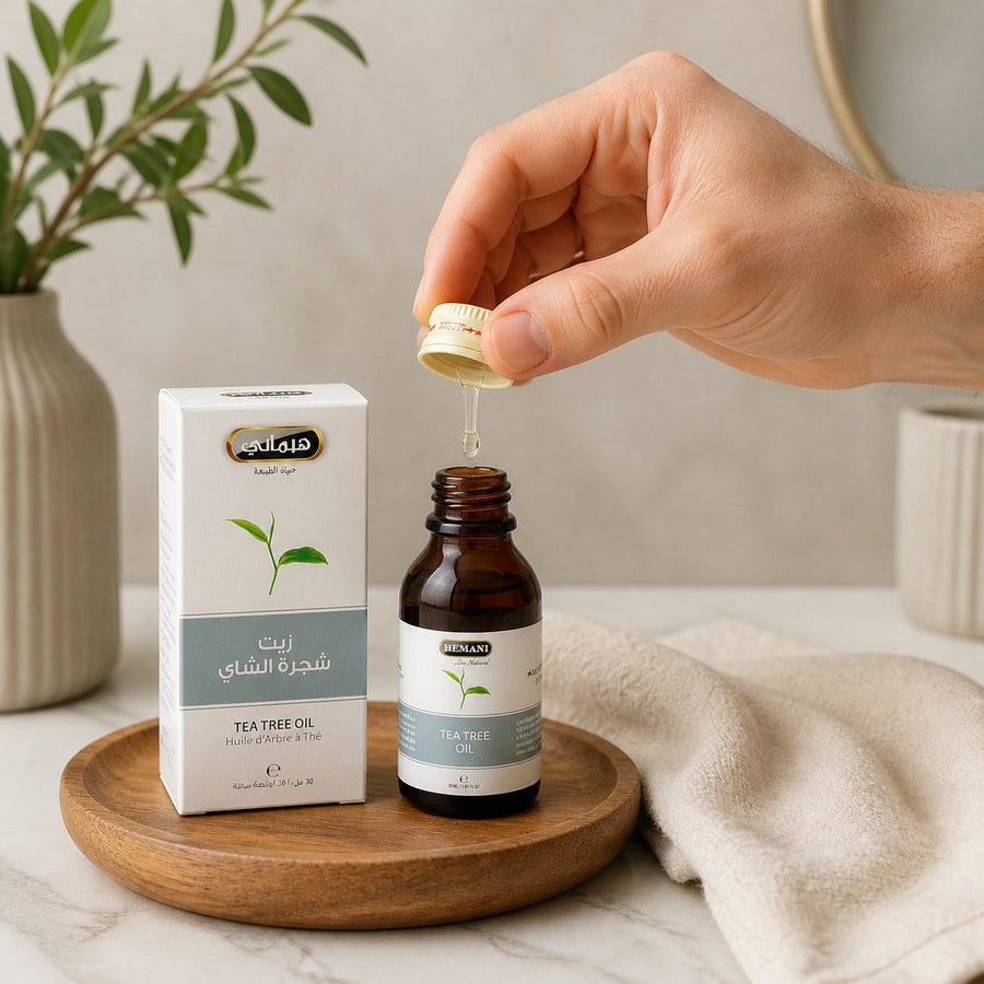 2 Huile d'Arbre à Thé 30mL 100% Naturelle Hemani – application en situation réelle, geste de soin quotidien