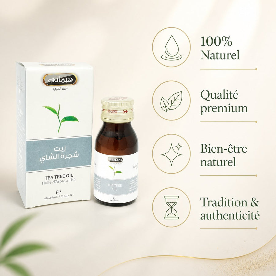 2 Huile d'Arbre à Thé 30mL 100% Naturelle Hemani – infographie des bienfaits et des ingrédients clés