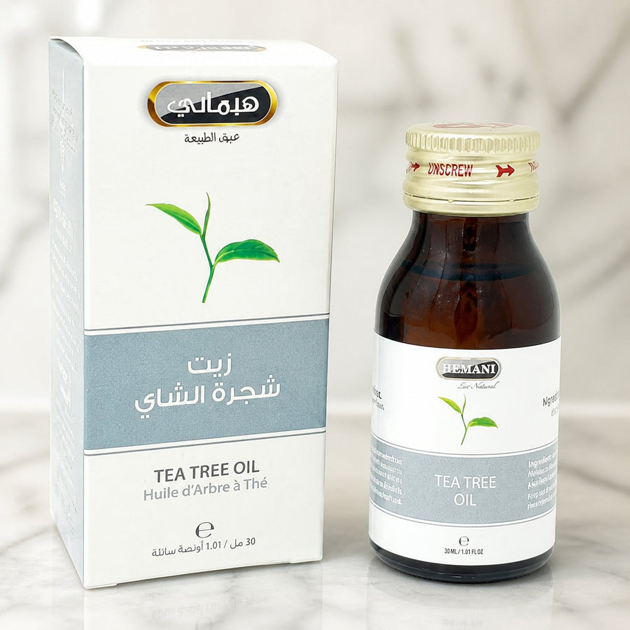 2 Huile d'Arbre à Thé 30mL 100% Naturelle Hemani – gros plan sur les détails et la finition du packaging