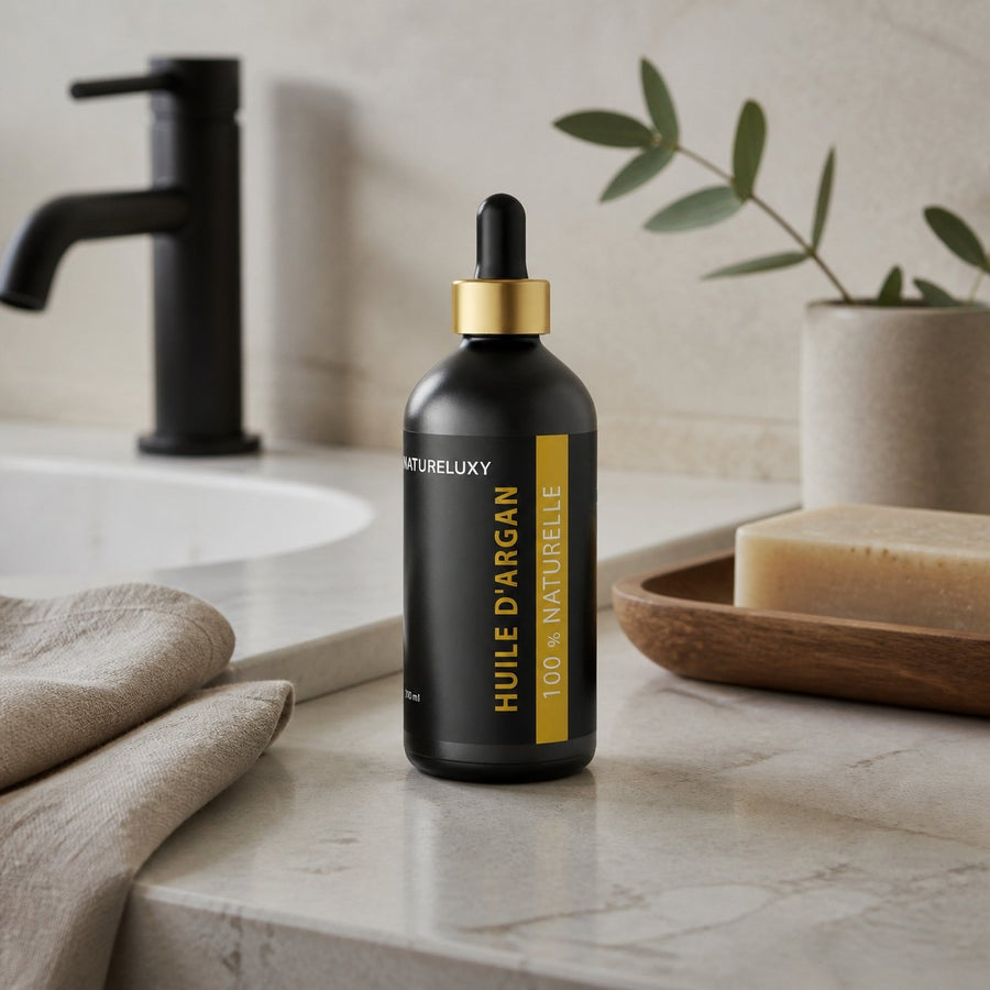 2×100 mL Huile d’Argan 100% Naturelle – Pipette – Soin Peau & Cheveux – présentation du produit dans une salle de bain lumineuse et naturelle