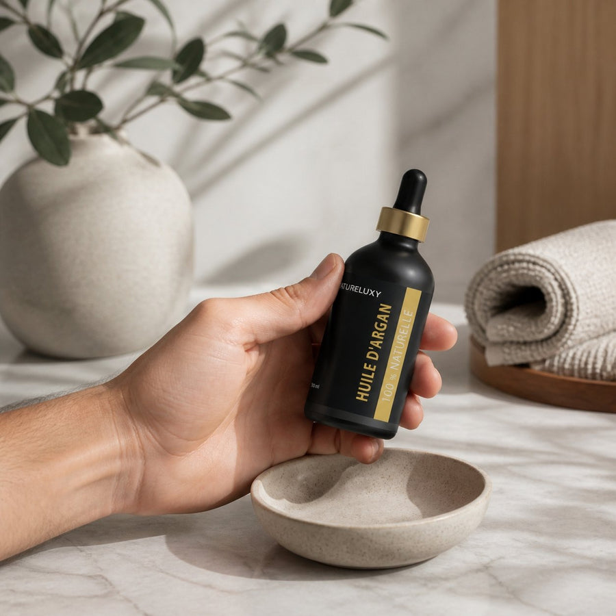 2×100 mL Huile d’Argan 100% Naturelle – Pipette – Soin Peau & Cheveux – application en situation réelle, geste de soin quotidien