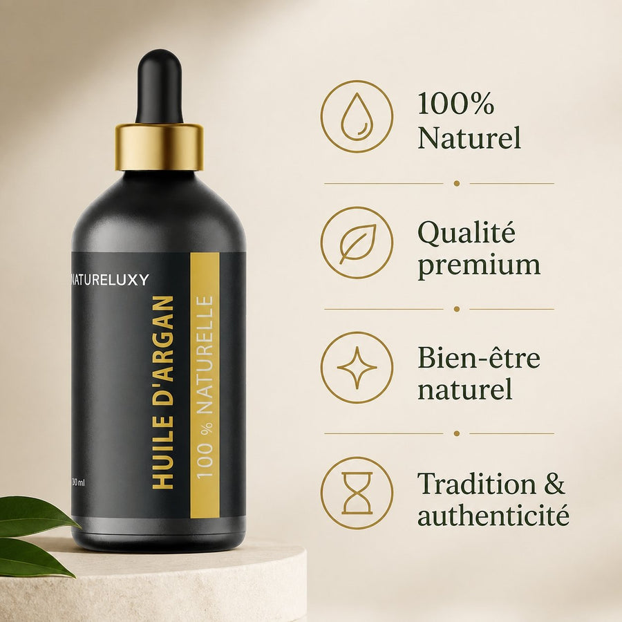 2×100 mL Huile d’Argan 100% Naturelle – Pipette – Soin Peau & Cheveux – infographie des bienfaits et des ingrédients clés