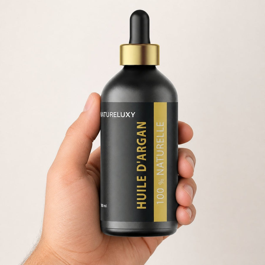2×100 mL Huile d’Argan 100% Naturelle – Pipette – Soin Peau & Cheveux – taille et contenance réelles du produit en main