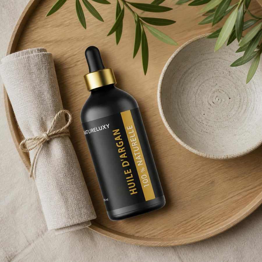 2×100 mL Huile d’Argan 100% Naturelle – Pipette – Soin Peau & Cheveux – rituel d'utilisation vu du dessus, ambiance naturelle zen