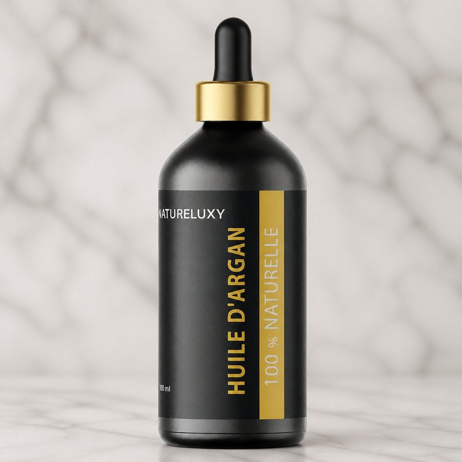 2×100 mL Huile d’Argan 100% Naturelle – Pipette – Soin Peau & Cheveux – gros plan sur les détails et la finition du packaging